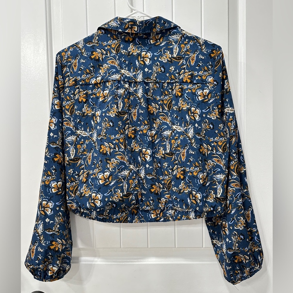 DREW Floral Patterned Blue and Gold Women's Long Sleeve Button Front Blouse - Picture 6 of 7